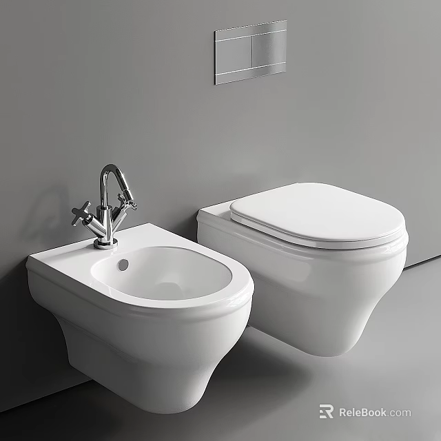 Modern White Bathroom Toilet with Bidet and Chrome Faucet on Gray Wall 3d model 