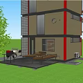 Single Family House Modern Design With Circular Windows Green Lawn Outdoor Seating And Grill Area