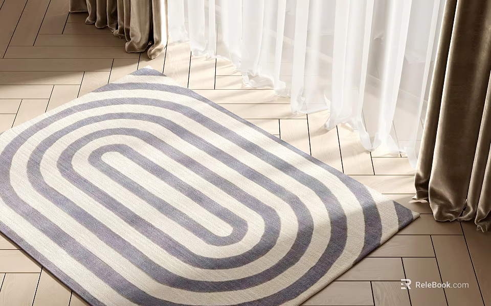 Geometric Pattern Square Rug On Tile Floor With Curtains 3d model