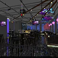 Contemporary Bar Interior Design With Colorful Lighting High Stools Bar Counter And Geometric Ceiling