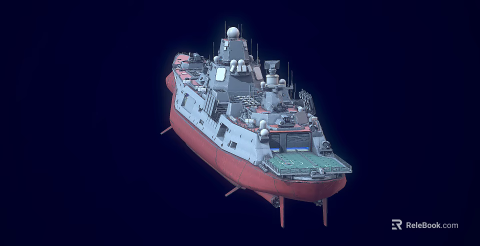 Detailed Warship Design Featuring Gray Hull Red Bottom Radar Systems And Deck Equipment 3d model 