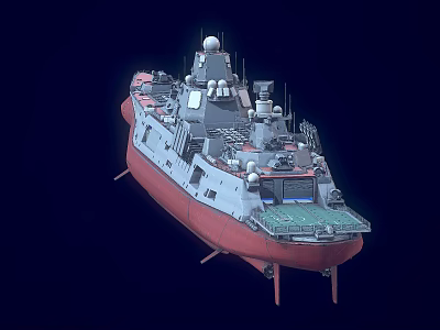 Detailed Warship Design Featuring Gray Hull Red Bottom Radar Systems And Deck Equipment 3d model