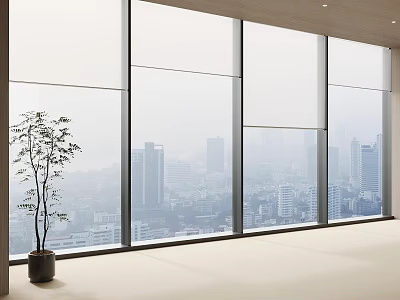 Modern Curtain Design For Floor To Ceiling Window With Urban View And Indoor Plant 3d model