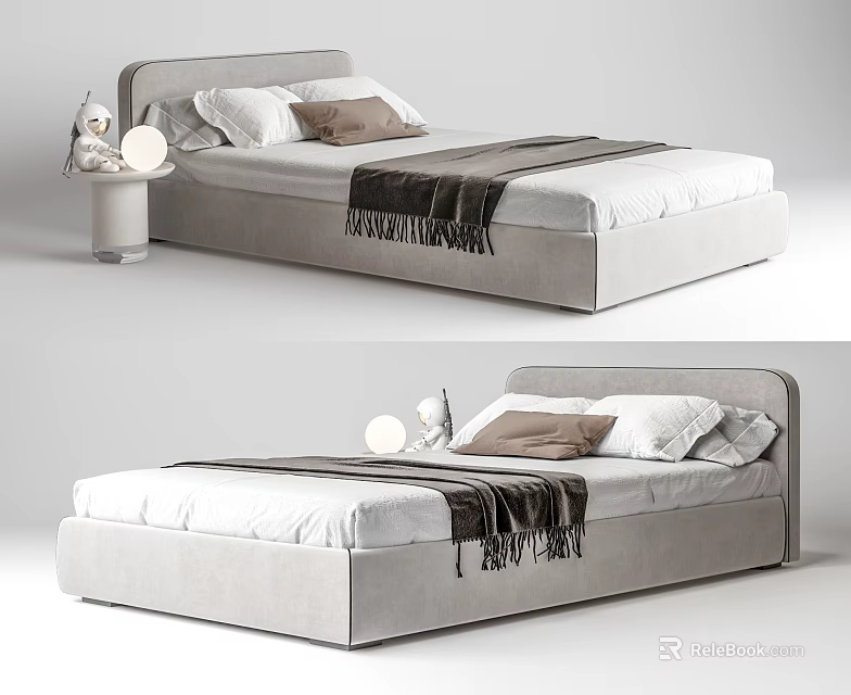 Elegant Modern Upholstered Double Bed With White Sheets Brown Pillows And Soft Blanket 3d model