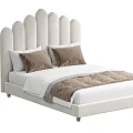 Comfortable Double Bed With Arched Padded Headboard Brown Pillows White Bed Sheets And Soft Blanket 3d model