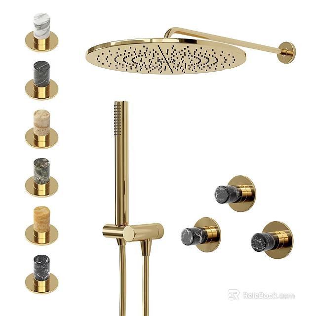 Golden Shower Faucet System With Rain Shower Head Handheld Sprayer And Control Knobs 3d model 