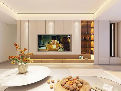 Modern TV Cabinet Design In Living Room With LED Lights And Glass Storage Shelves 3d model