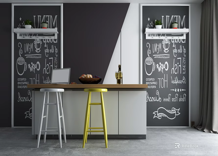 Modern Bar Counter With Chalkboard Wall Art Yellow White Stools And Wooden Top 3d model 