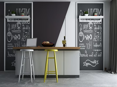 Modern Bar Counter With Chalkboard Wall Art Yellow White Stools And Wooden Top 3d model
