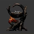 Root Shaped Decorative Structure With Wooden Texture Stone Filled Basket And Flame Base