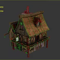 Whimsical Medieval Cottage 3D Model With Brown Tiled Roof Wooden Structure And Chimney