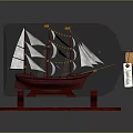 Vintage Ship Model in Glass Bottle with Wooden Base Compass Design and Cork Stopper