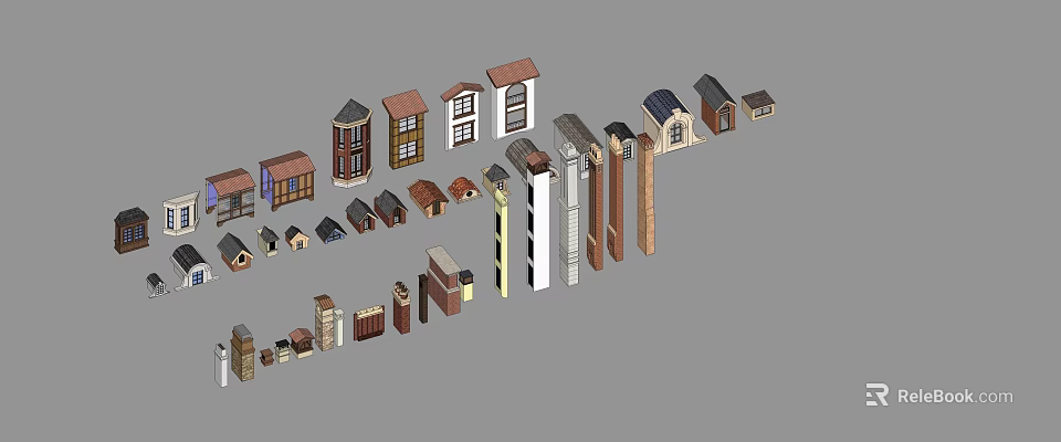 Various Small Scale House Models With Diverse Roof Styles And Architectural Features 3d model