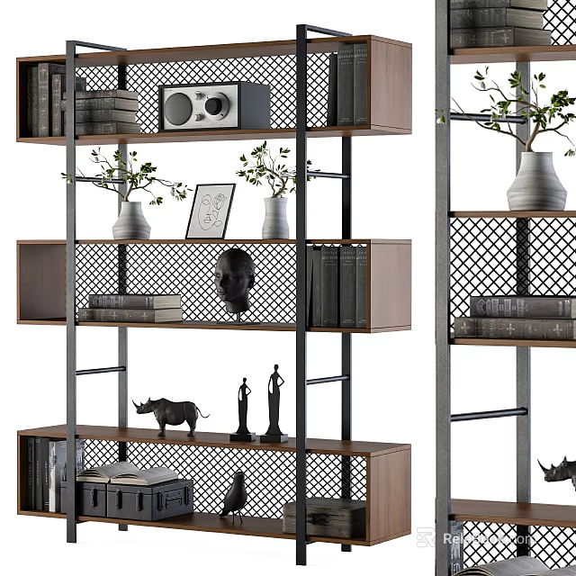 Modern Decorative Cabinet With Wooden Metal Shelves Books Plants And Sculptures 3d model 