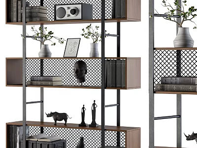 Modern Decorative Cabinet With Wooden Metal Shelves Books Plants And Sculptures 3d model