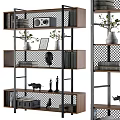 Modern Decorative Cabinet With Wooden Metal Shelves Books Plants And Sculptures