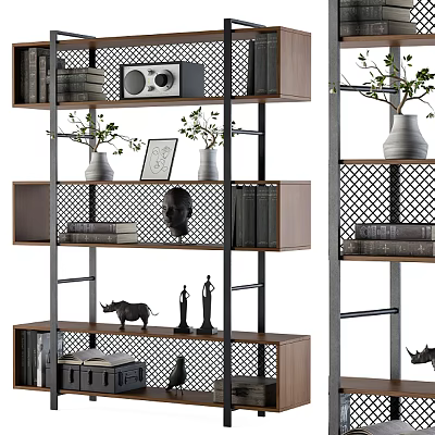 Modern Decorative Cabinet With Wooden Metal Shelves Books Plants And Sculptures 3d model