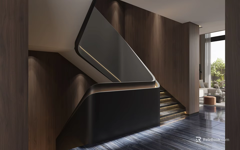 Modern Staircase Design With Wooden Walls Black Railing And Natural Light In Interior Space 3d model 