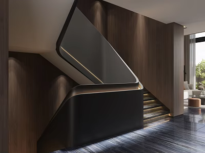 Modern Staircase Design With Wooden Walls Black Railing And Natural Light In Interior Space 3d model