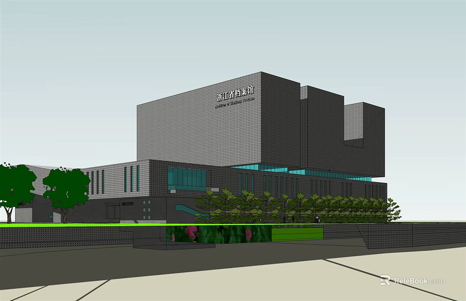 Modern Shopping Mall Building Featuring Gray Exterior Glass Curtain Walls And Surrounding Greenery 3d model 
