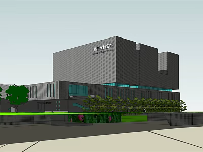 Modern Shopping Mall Building Featuring Gray Exterior Glass Curtain Walls And Surrounding Greenery 3d model