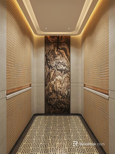 Luxurious Elevator Interior Design With Woven Texture Walls And Dark Wood Decor Panel 3d model 