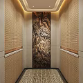 Luxurious Elevator Interior Design With Woven Texture Walls And Dark Wood Decor Panel 3d model