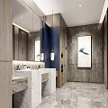 Modern Hotel Bathroom Interior With Marble Vanity Double Sink Large Mirror And Wall Art