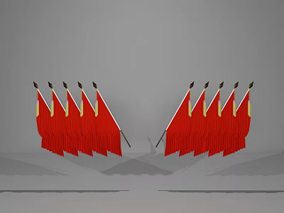 Red National Flags With Golden Decorations Symmetrically Arranged In Two Rows 3d model