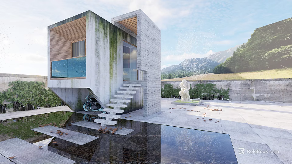 Modern Concrete Building Exterior With Staircase Water Pool Mountain View Trees And Sculpture 3d model 