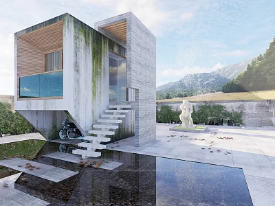 Modern Concrete Building Exterior With Staircase Water Pool Mountain View Trees And Sculpture 3d model