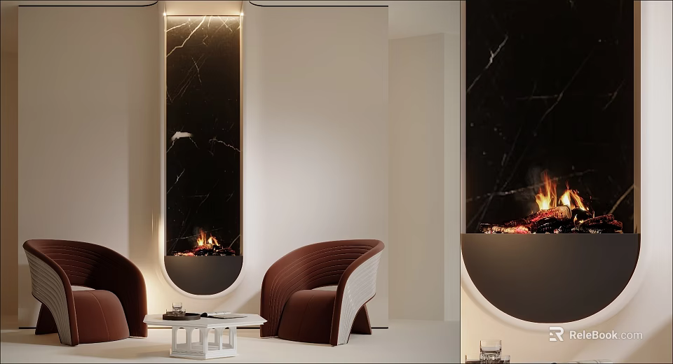 Modern Living Room Design With Stylish Fireplace And Brown Chairs 3d model 