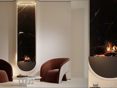 Modern Living Room Design With Stylish Fireplace And Brown Chairs 3d model