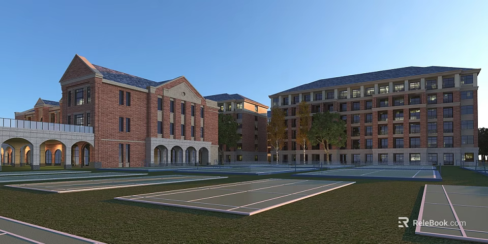 Traditional Red Brick School Campus Buildings With Arched Porches Lawn And Trees 3d model 