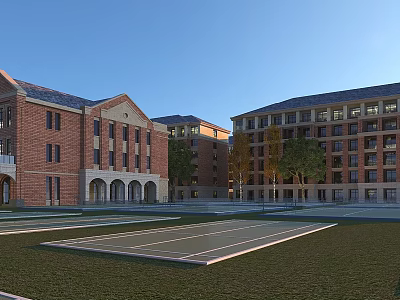 Traditional Red Brick School Campus Buildings With Arched Porches Lawn And Trees 3d model