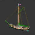 Sailing Ship Model With American Flag Yellow Sails Wooden Structure And Blue Accents