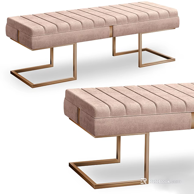 Modern Beige Fabric Ottoman With Gold Metal Legs And Stitched Surface Design 3d model 