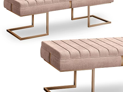 Modern Beige Fabric Ottoman With Gold Metal Legs And Stitched Surface Design 3d model