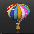 Colorful Striped Hot Air Balloon Amusement Equipment with Vibrant Multicolored Sections and Golden Basket Base