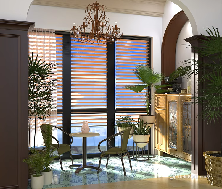 Home Balcony Interior With Slatted Blinds Green Plants Chairs Table And Chandelier 3d model 