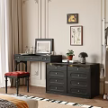 Elegant Black Dressing Table with Red Stool Framed Art Potted Plant and Mirror