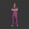 Full Length Portrait Of Man In Purple Scrubs And Surgical Cap Standing With Arms Crossed
