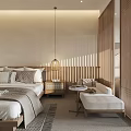 Hotel Guest Room Cozy Interior With Wooden Screens Beige Walls Comfortable Bed And Hanging Lamp