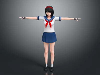 Anime Style Game Movie Character in Sailor Uniform with Red Headband and Arms Outstretched 3d model
