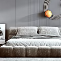 Modern Bedroom Interior With Gray Walls Circular Decor Plush Headboard And Nightstand Plants