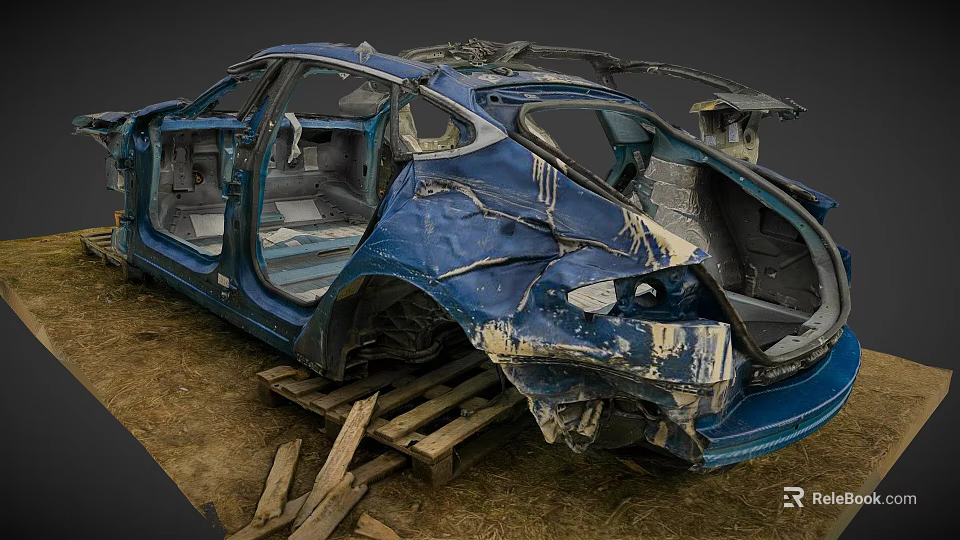 Severely Damaged Blue Car With Open Doors And Dented Shattered Body On Wooden Planks 3d model 