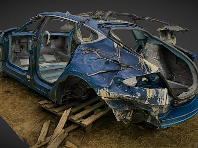 Severely Damaged Blue Car With Open Doors And Dented Shattered Body On Wooden Planks 3d model
