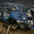 Severely Damaged Blue Car With Open Doors And Dented Shattered Body On Wooden Planks