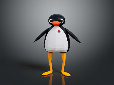 Stylized Low Poly Penguin Figure With Red Heart On Chest Orange Beak And Yellow Feet 3d model