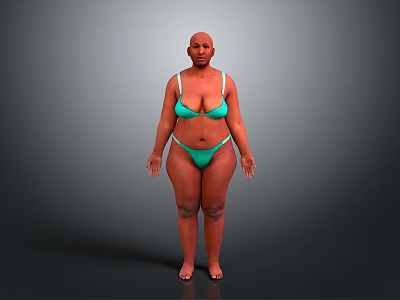 Bald Curvy Woman In Green Bikini Standing Full Body Against Gray Background 3d model